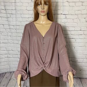 New Lush Rose Taupe With Golden Print Twisted Front Blouse Size XXL